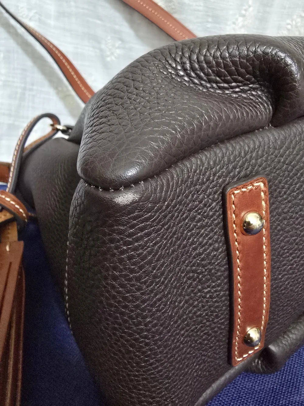 Dooney & Bourke Brown Pebbled Leather Satchel with Tan Trim